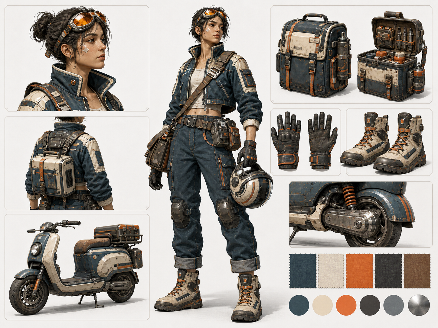 Retro-futuristic courier mechanic character Prompt